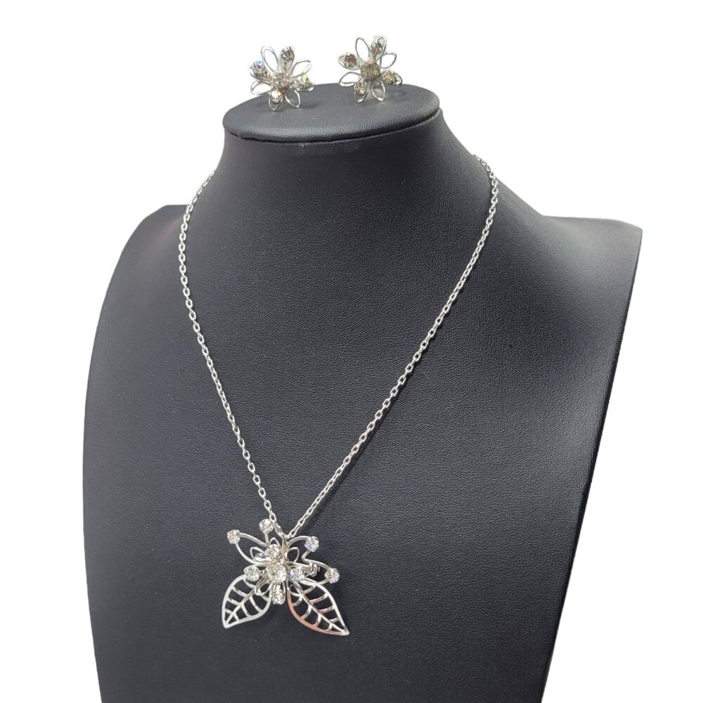 Vtg Signed B N Rhinestone Flower Leaf Necklace Earrings Set Demiparure Brooch Pe